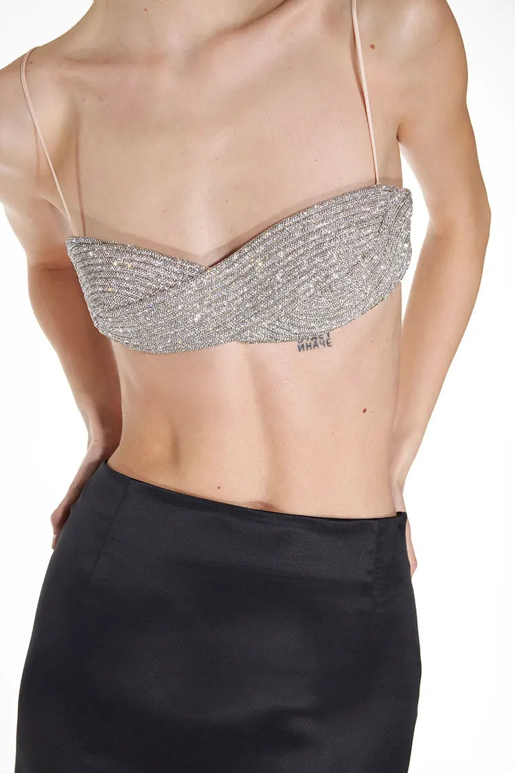 Sexy Spaghetti Strap Sleeveless Rhinestone Ultra Short Tank Top / Bralette