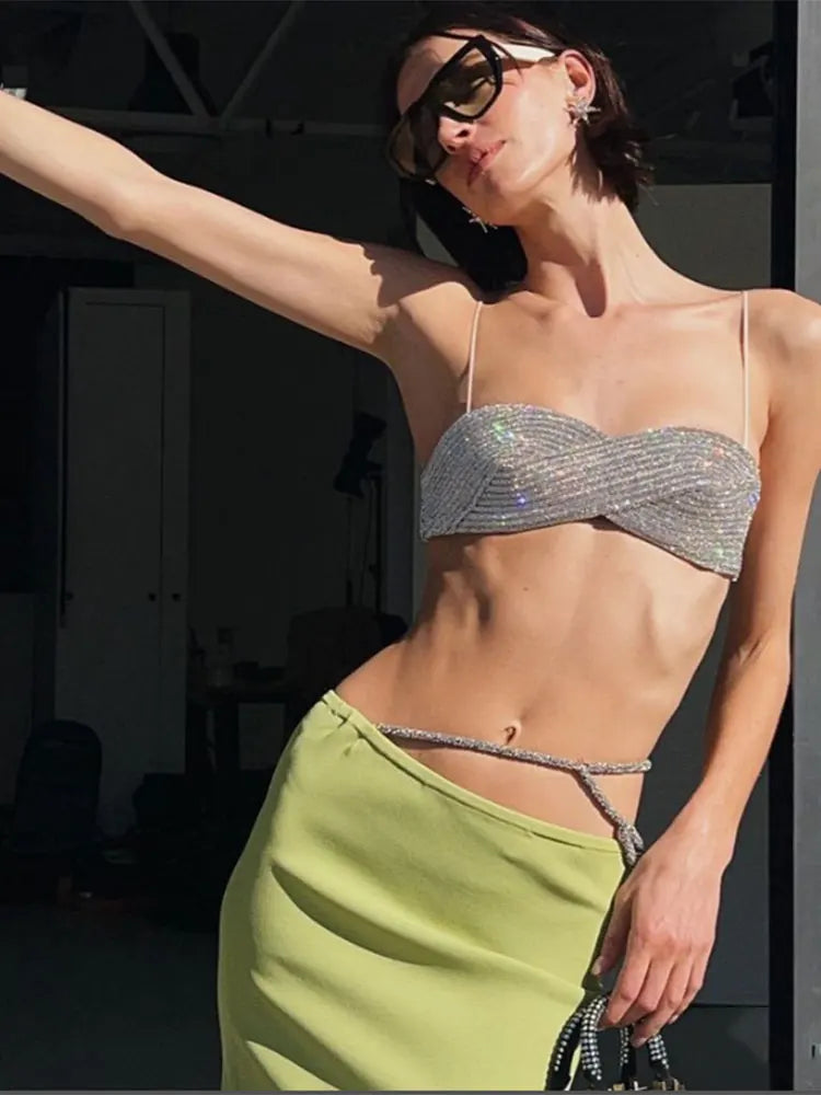 Sexy Spaghetti Strap Sleeveless Rhinestone Ultra Short Tank Top / Bralette
